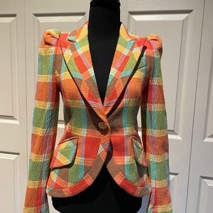 BEAUTIFUL SMYTHE TANGERINE LIME GREEN PLAID BLAZER IN SIZE 2